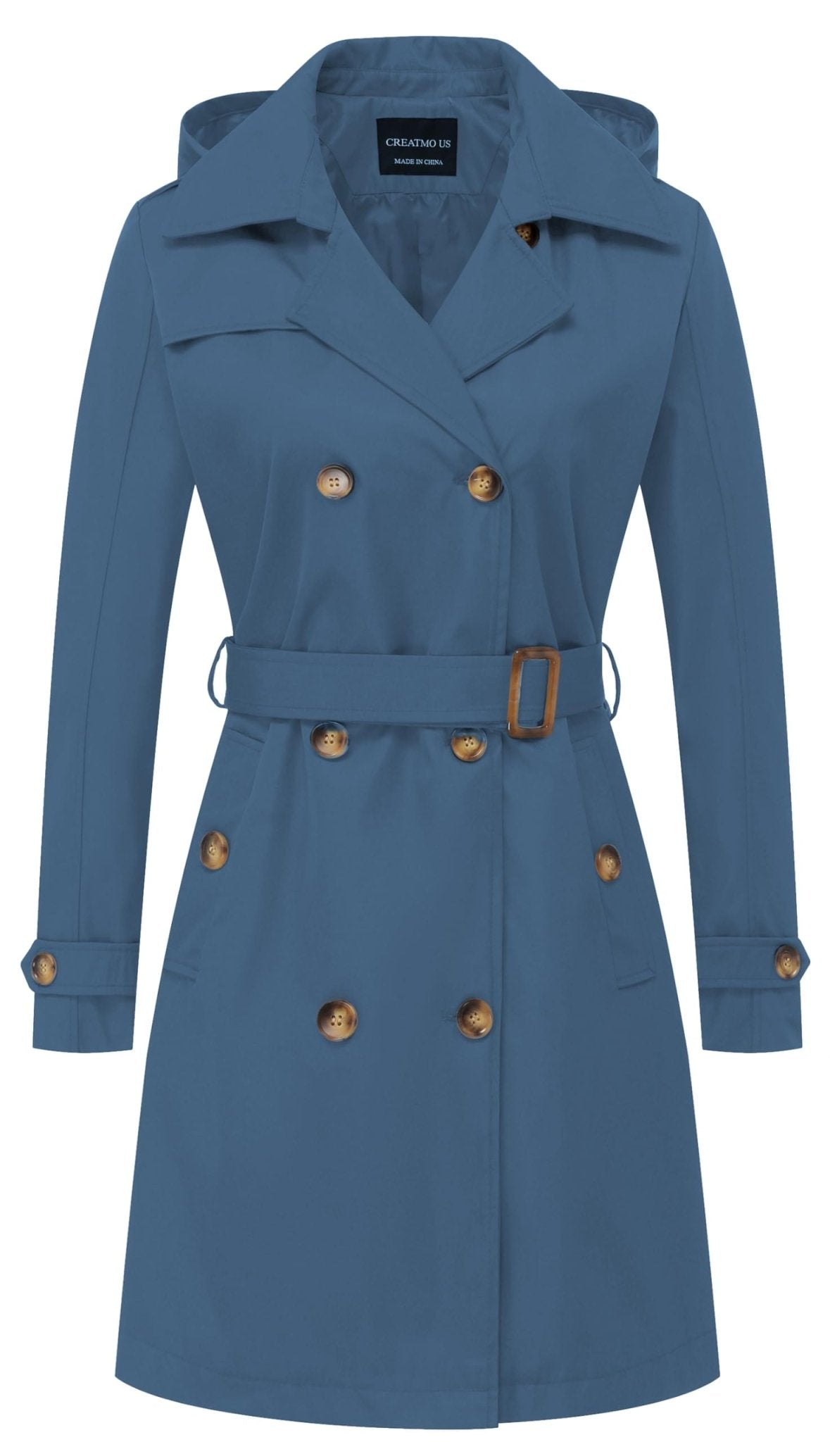 CREATMO US Women's Long Trench Coat Double - Breasted Classic Lapel Overcoat Belted Slim Outerwear Coat with Detachable Hood - Xpressa
