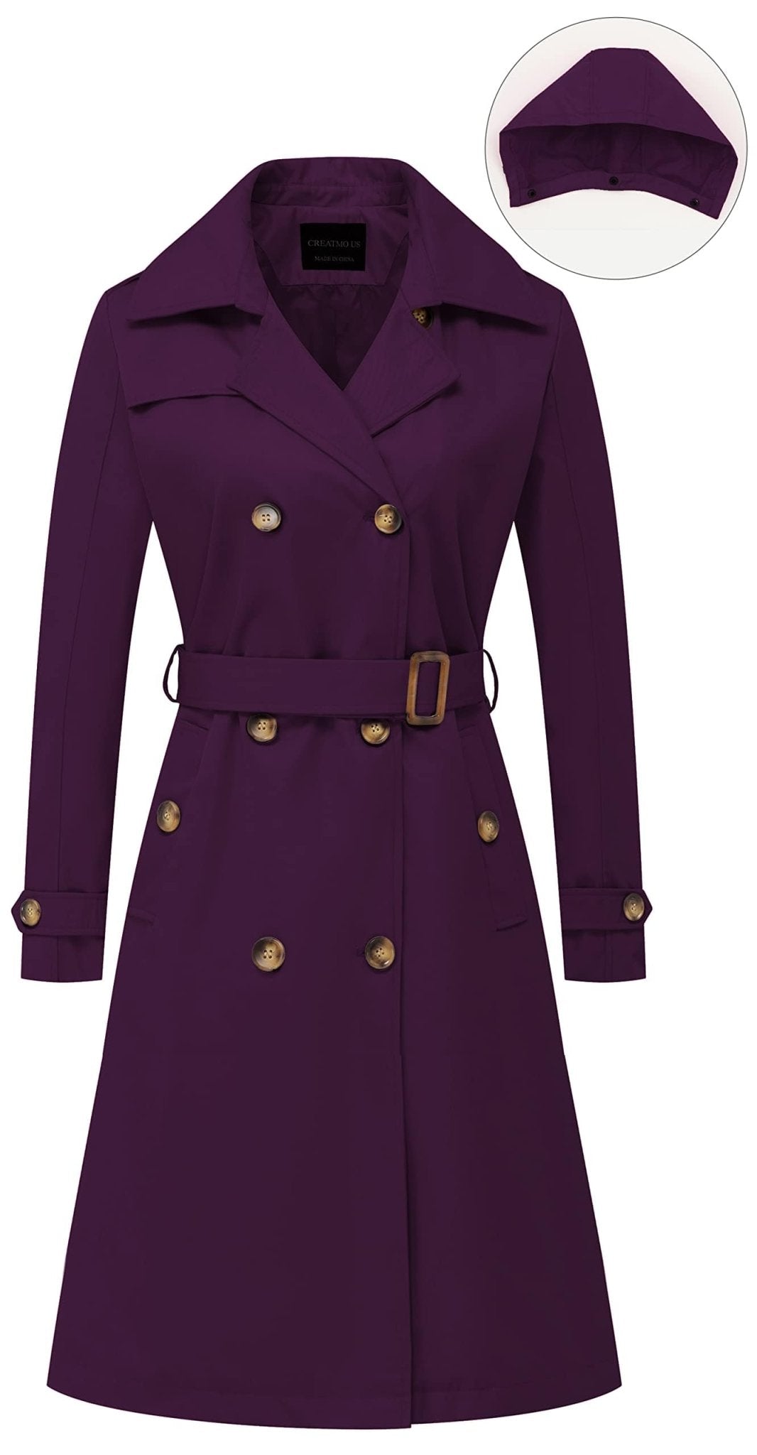 CREATMO US Women's Long Trench Coat Double - Breasted Classic Lapel Overcoat Belted Slim Outerwear Coat with Detachable Hood - Xpressa