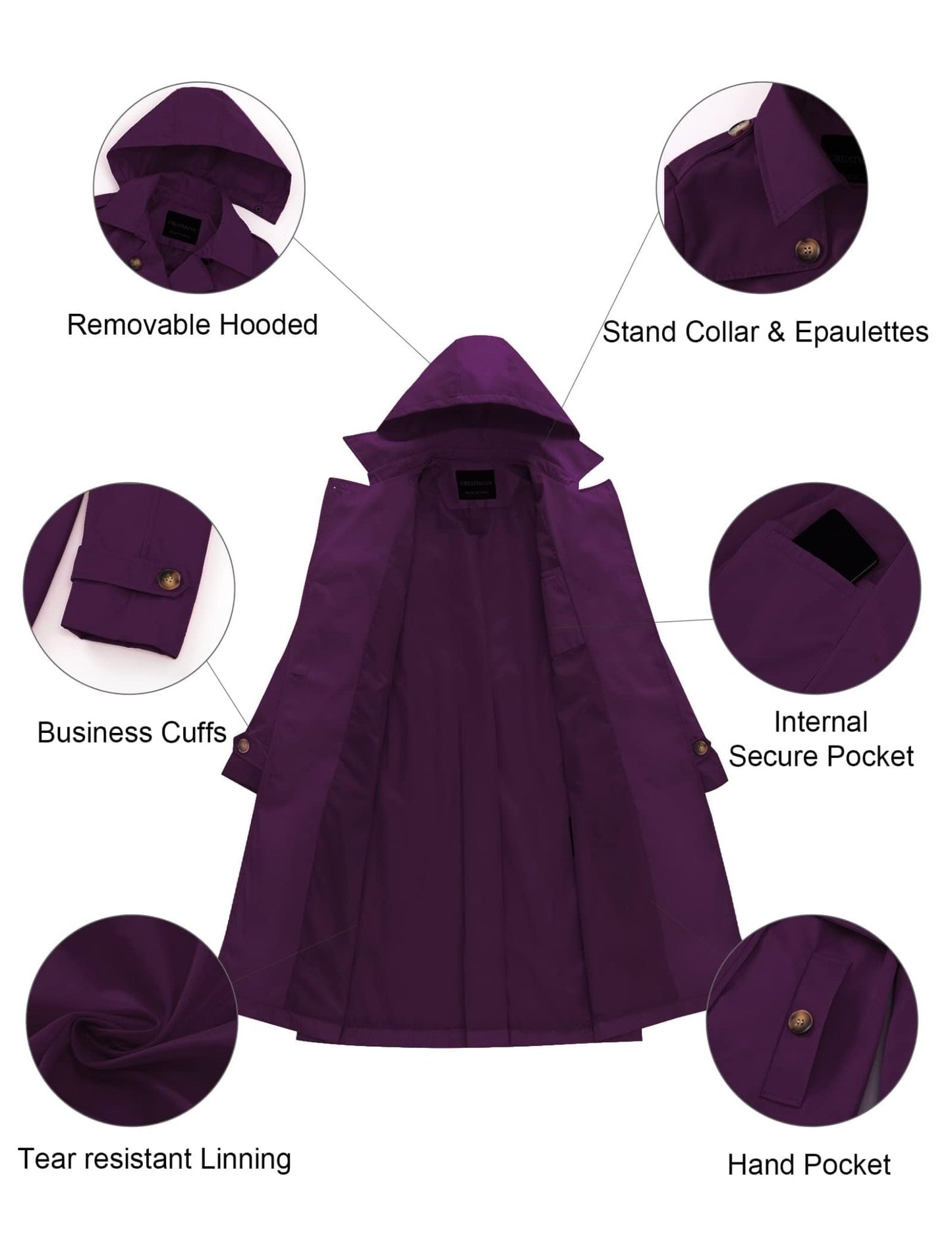CREATMO US Women's Long Trench Coat Double - Breasted Classic Lapel Overcoat Belted Slim Outerwear Coat with Detachable Hood - Xpressa