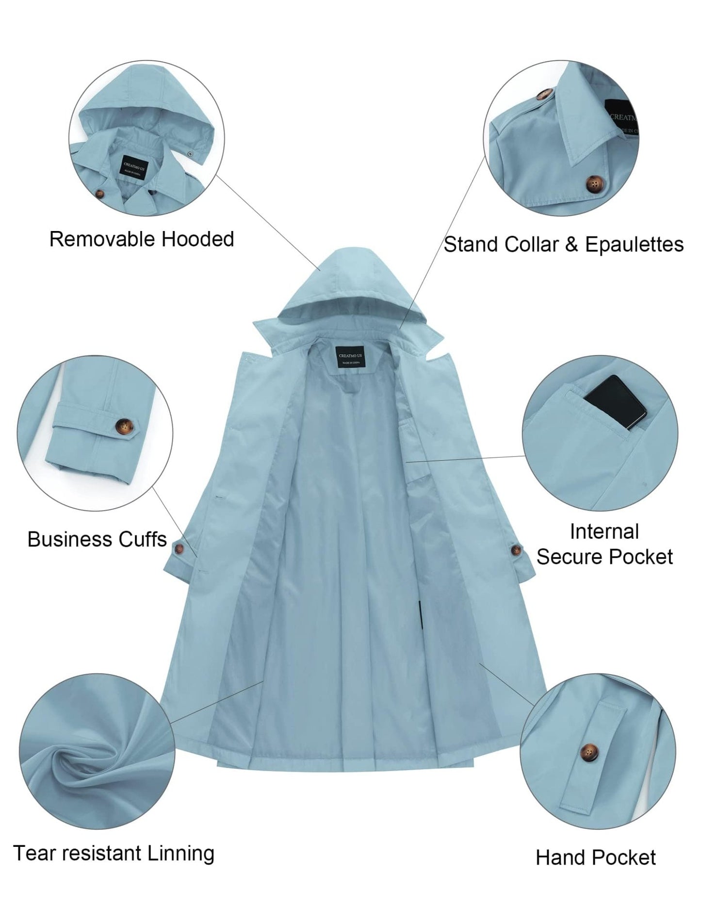 CREATMO US Women's Long Trench Coat Double - Breasted Classic Lapel Overcoat Belted Slim Outerwear Coat with Detachable Hood - Xpressa