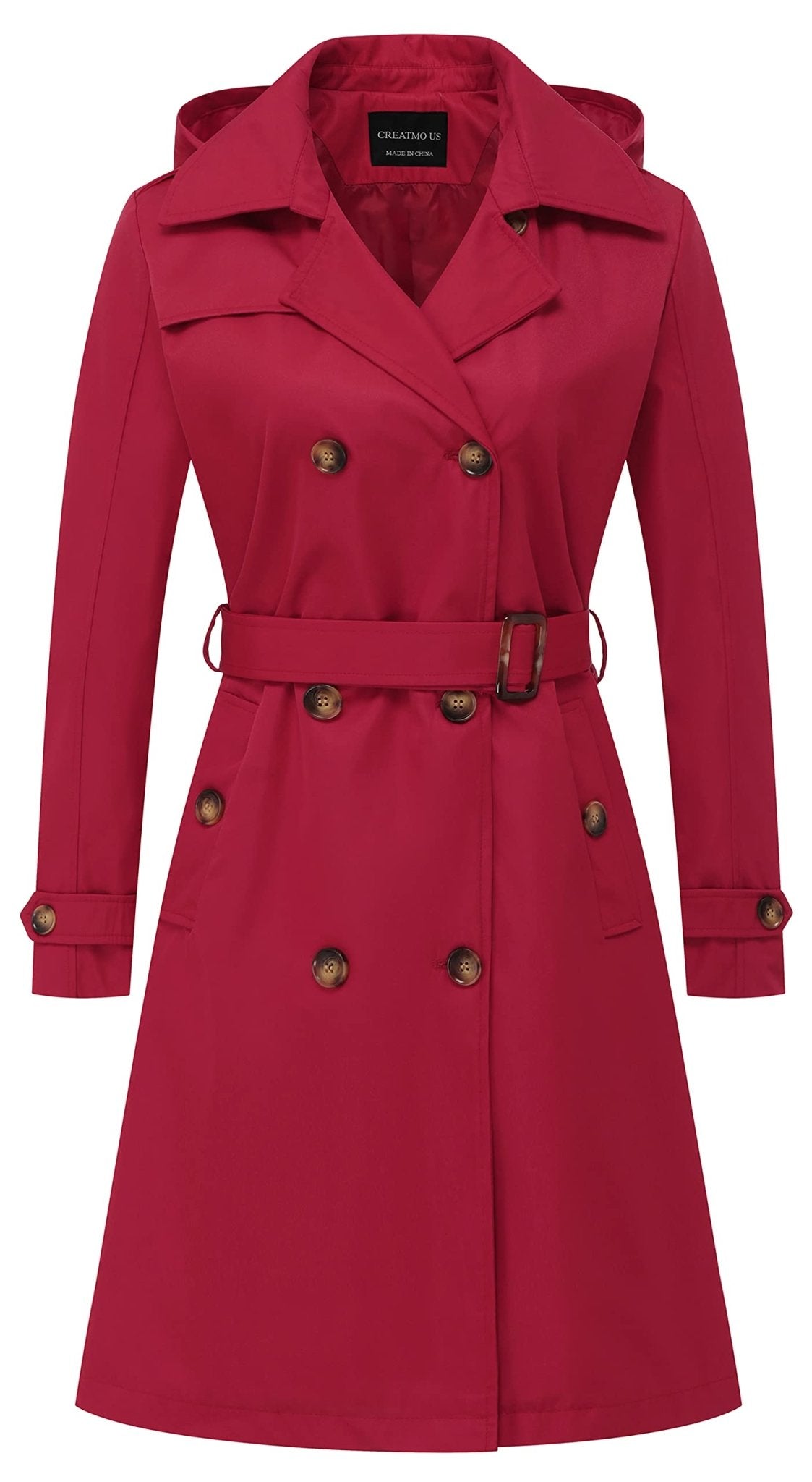 CREATMO US Women's Long Trench Coat Double - Breasted Classic Lapel Overcoat Belted Slim Outerwear Coat with Detachable Hood - Xpressa