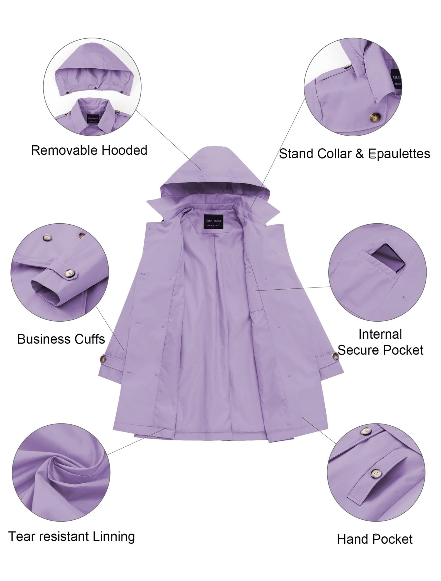 CREATMO US Women's Long Trench Coat Double - Breasted Classic Lapel Overcoat Belted Slim Outerwear Coat with Detachable Hood - Xpressa