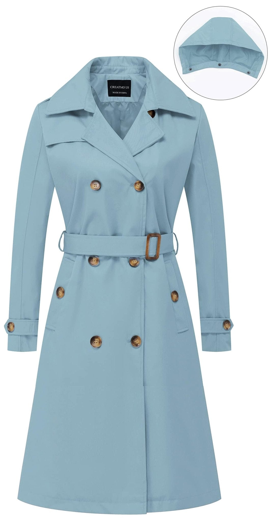 CREATMO US Women's Long Trench Coat Double - Breasted Classic Lapel Overcoat Belted Slim Outerwear Coat with Detachable Hood - Xpressa