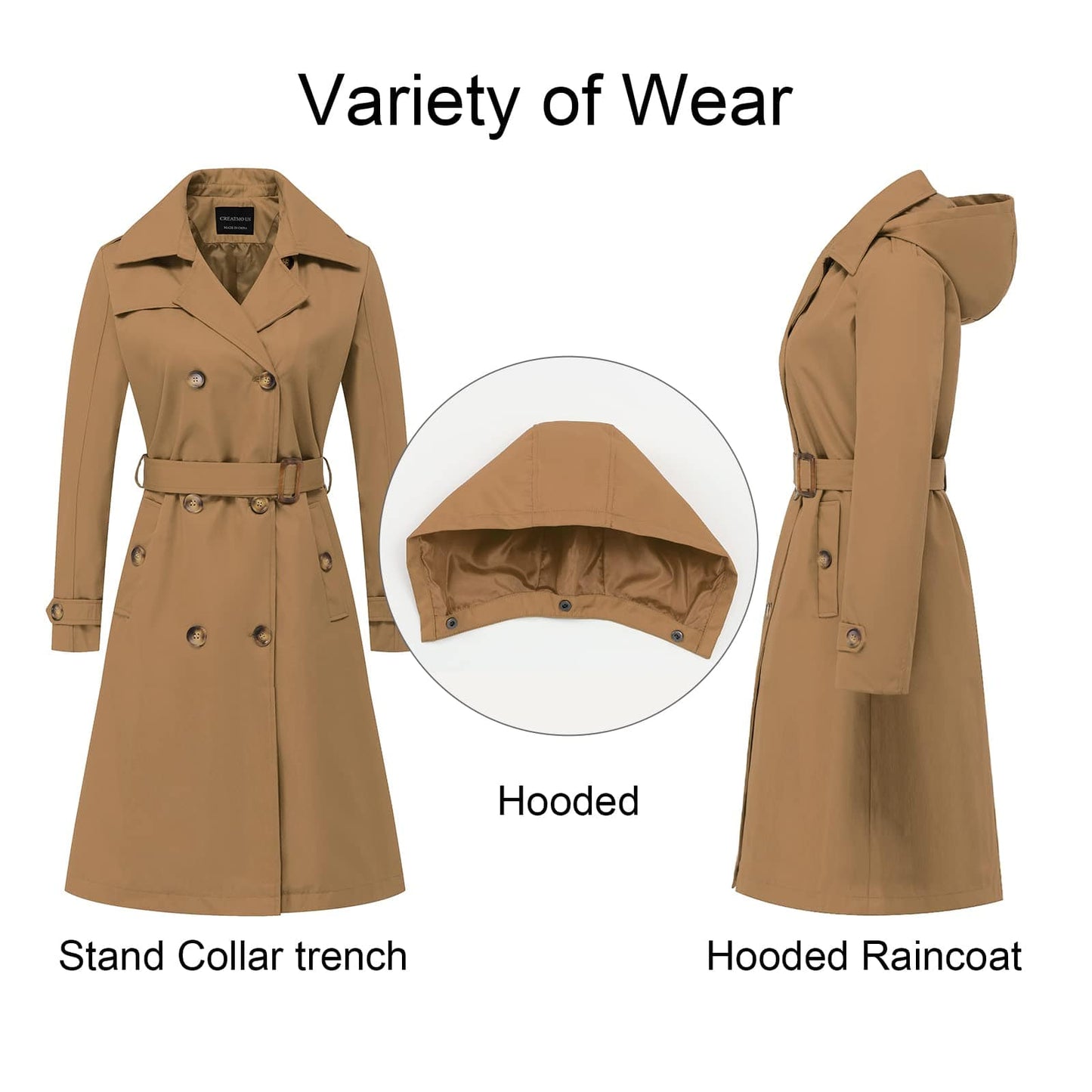 CREATMO US Women's Long Trench Coat Double - Breasted Classic Lapel Overcoat Belted Slim Outerwear Coat with Detachable Hood - Xpressa