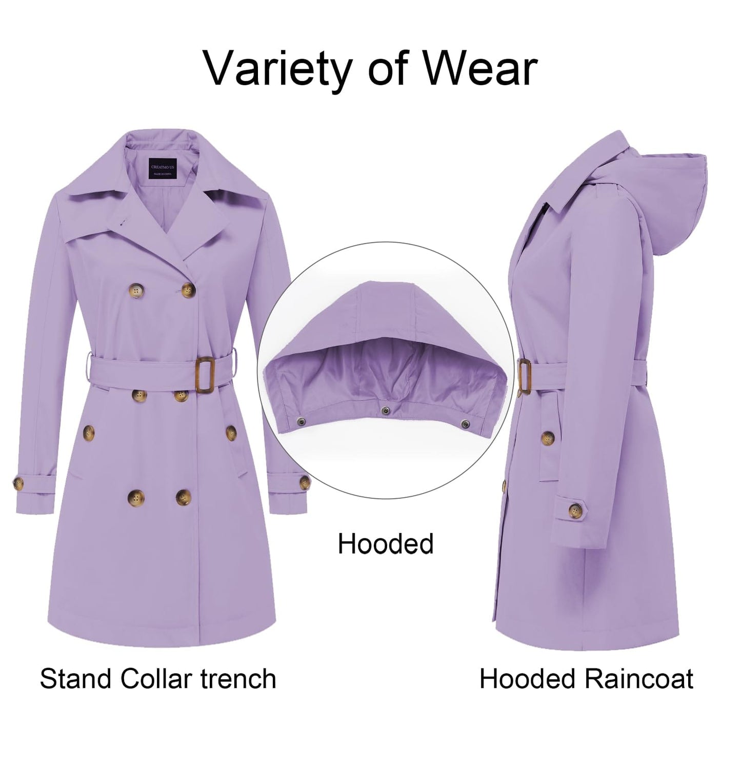 CREATMO US Women's Long Trench Coat Double - Breasted Classic Lapel Overcoat Belted Slim Outerwear Coat with Detachable Hood - Xpressa