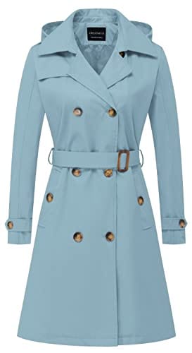 CREATMO US Women's Long Trench Coat Double - Breasted Classic Lapel Overcoat Belted Slim Outerwear Coat with Detachable Hood - Xpressa