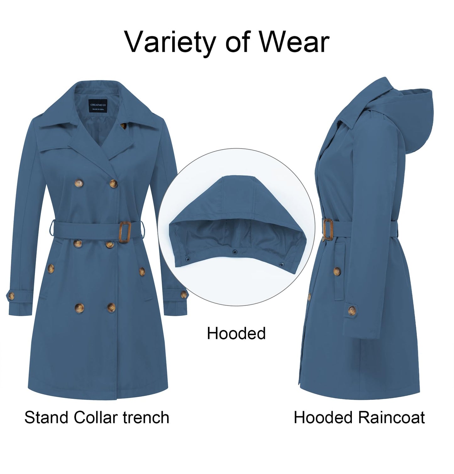 CREATMO US Women's Long Trench Coat Double - Breasted Classic Lapel Overcoat Belted Slim Outerwear Coat with Detachable Hood - Xpressa