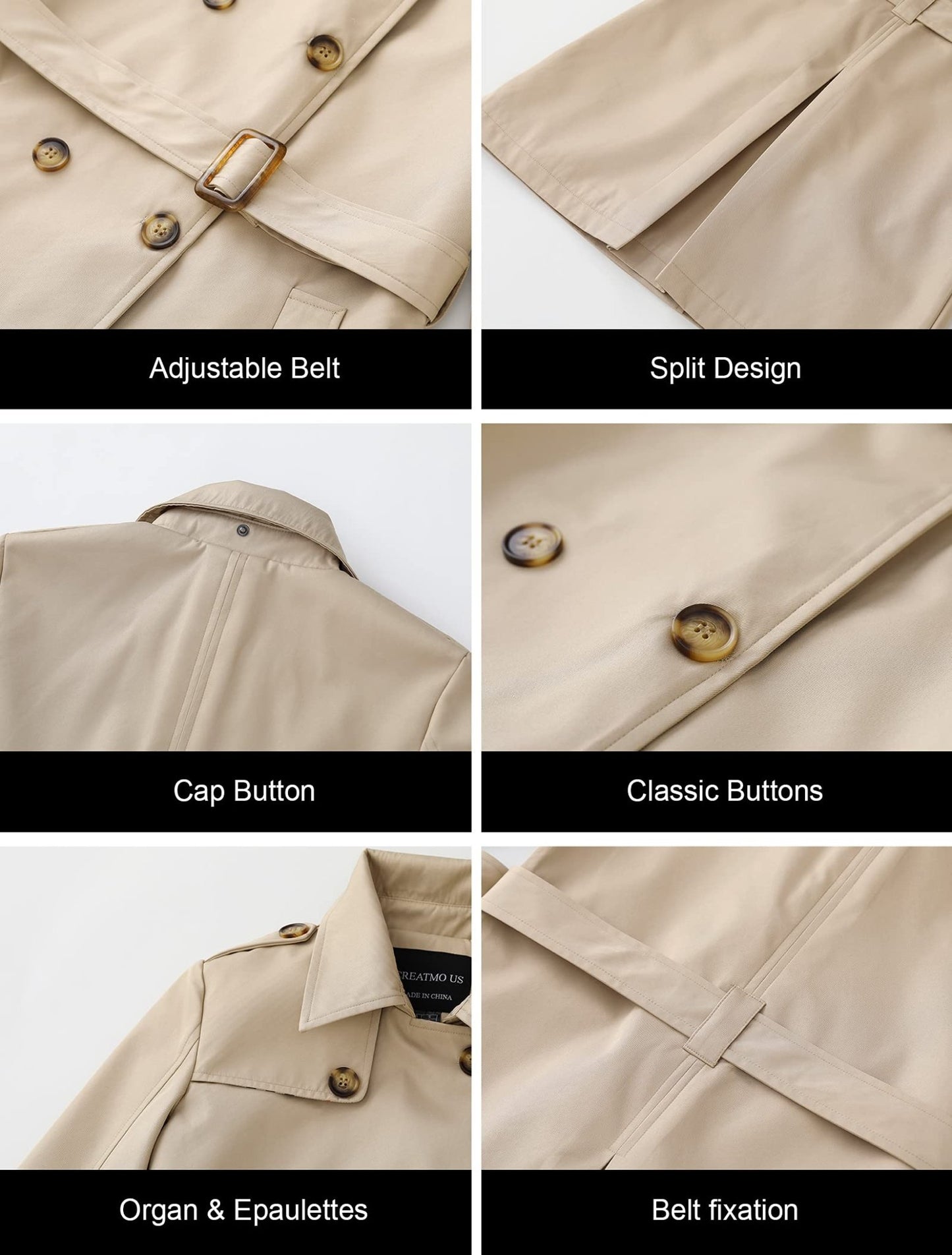 CREATMO US Women's Long Trench Coat Double - Breasted Classic Lapel Overcoat Belted Slim Outerwear Coat with Detachable Hood - Xpressa