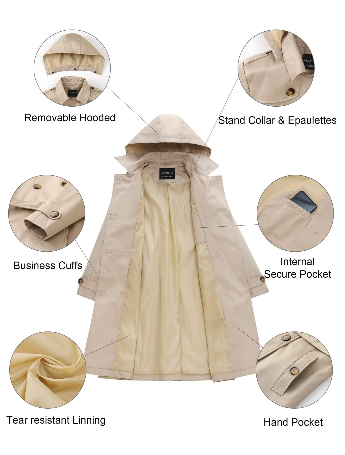 CREATMO US Women's Long Trench Coat Double - Breasted Classic Lapel Overcoat Belted Slim Outerwear Coat with Detachable Hood - Xpressa