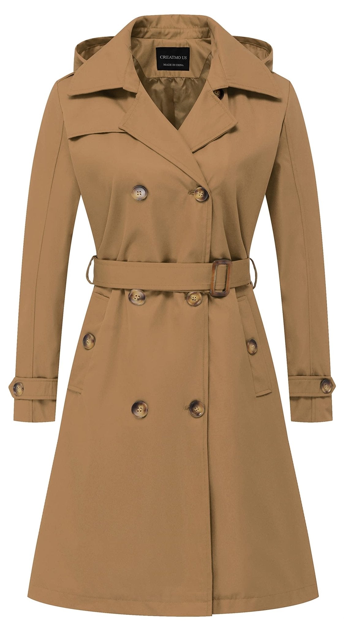 CREATMO US Women's Long Trench Coat Double - Breasted Classic Lapel Overcoat Belted Slim Outerwear Coat with Detachable Hood - Xpressa