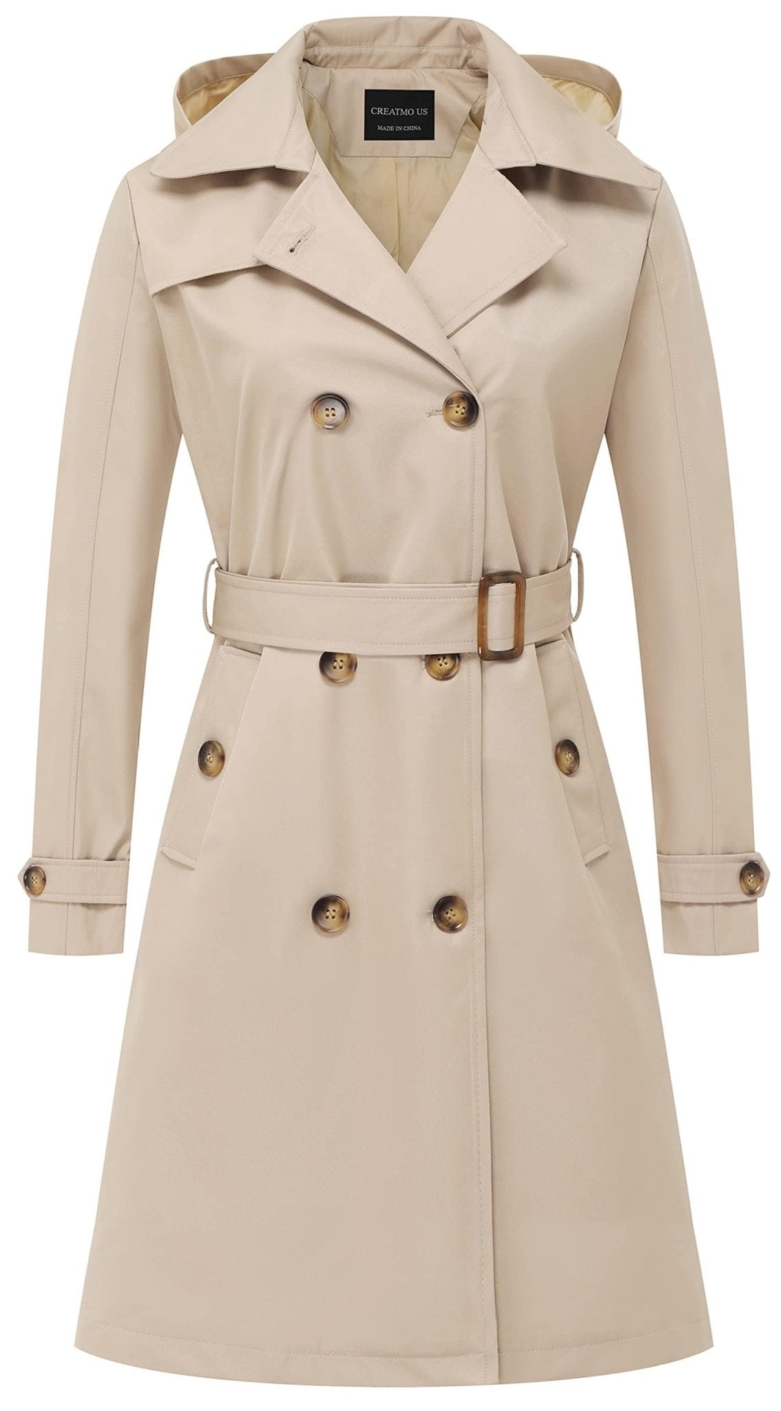 CREATMO US Women's Long Trench Coat Double - Breasted Classic Lapel Overcoat Belted Slim Outerwear Coat with Detachable Hood - Xpressa