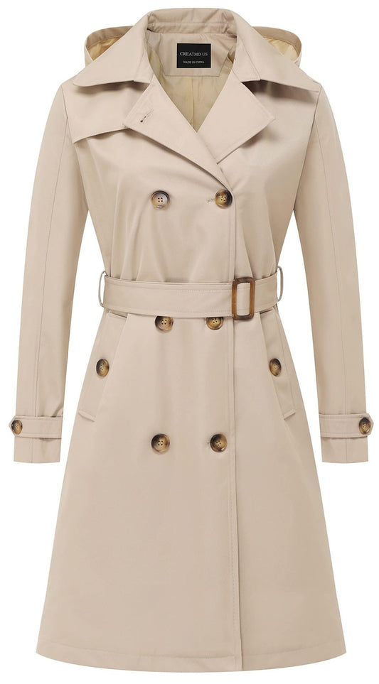 CREATMO US Women's Long Trench Coat Double - Breasted Classic Lapel Overcoat Belted Slim Outerwear Coat with Detachable Hood - Xpressa