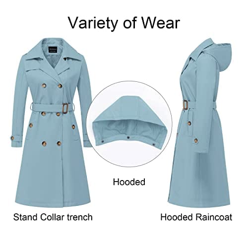 CREATMO US Women's Long Trench Coat Double - Breasted Classic Lapel Overcoat Belted Slim Outerwear Coat with Detachable Hood - Xpressa