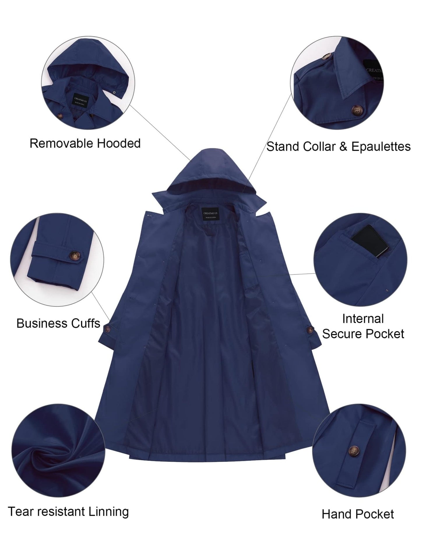 CREATMO US Women's Long Trench Coat Double - Breasted Classic Lapel Overcoat Belted Slim Outerwear Coat with Detachable Hood - Xpressa