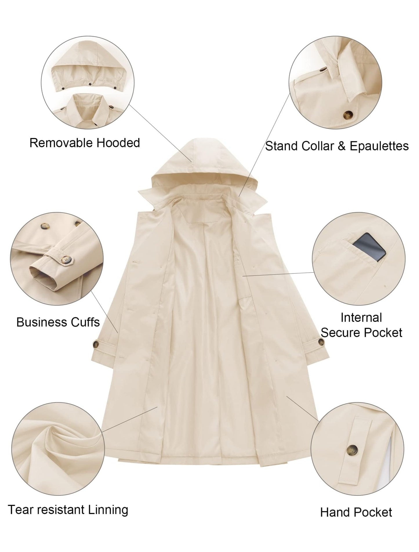 CREATMO US Women's Long Trench Coat Double - Breasted Classic Lapel Overcoat Belted Slim Outerwear Coat with Detachable Hood - Xpressa