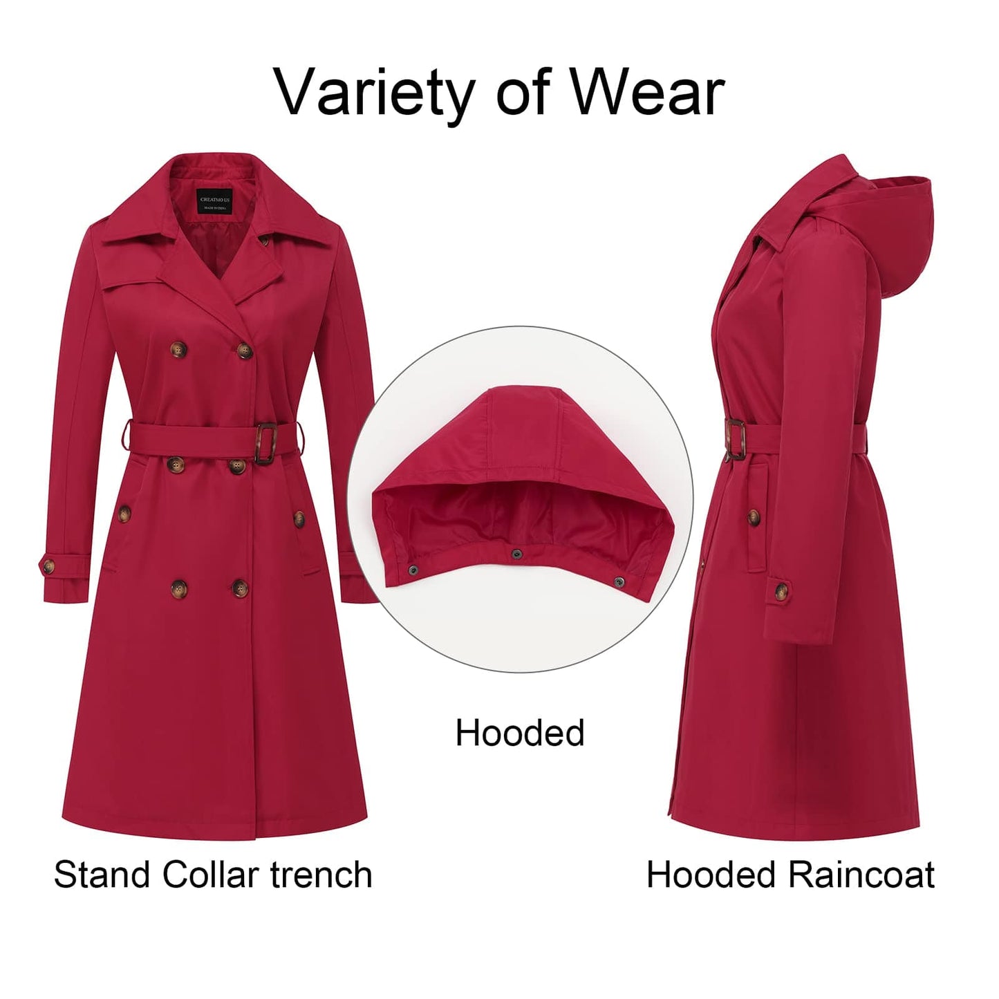 CREATMO US Women's Long Trench Coat Double - Breasted Classic Lapel Overcoat Belted Slim Outerwear Coat with Detachable Hood - Xpressa