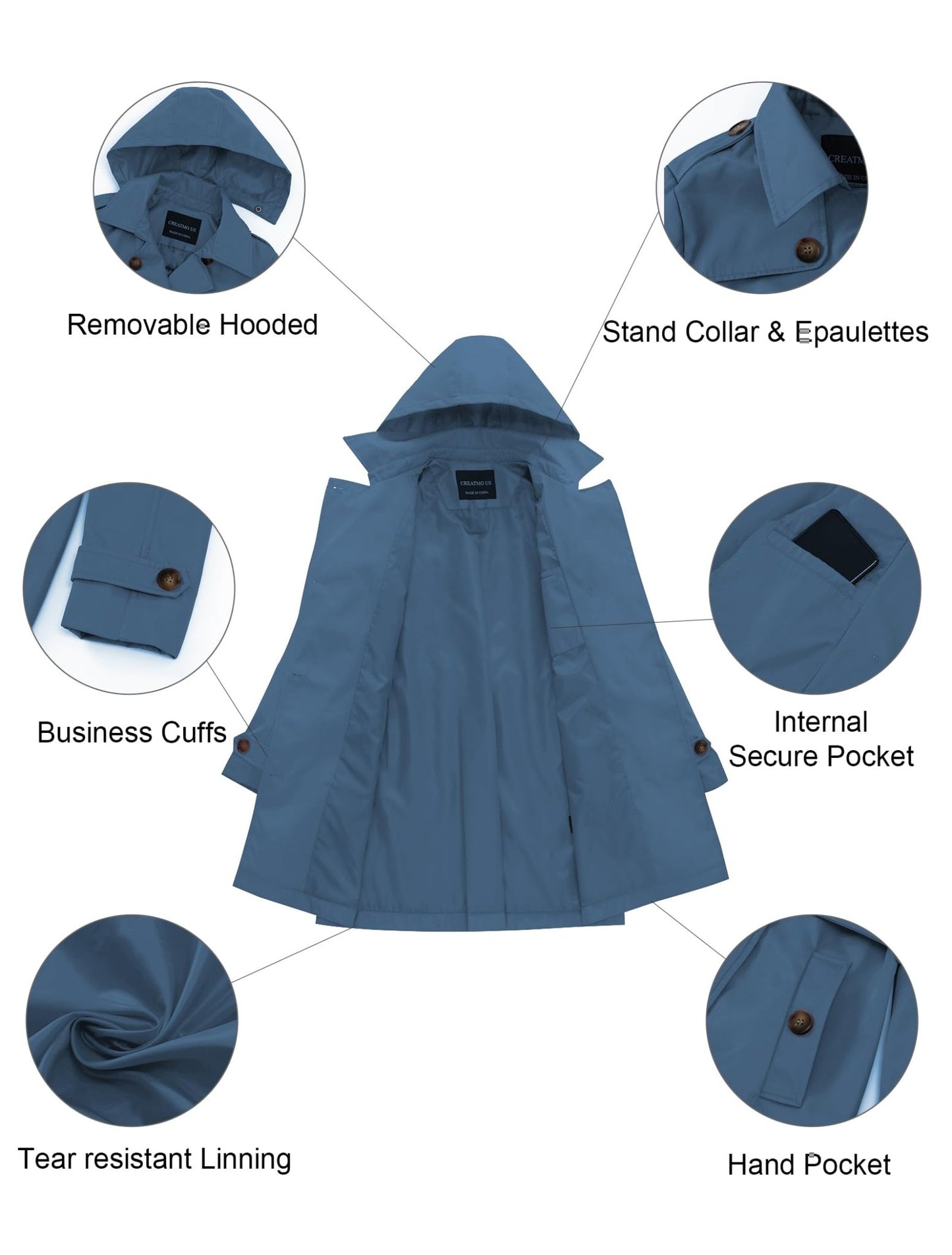CREATMO US Women's Long Trench Coat Double - Breasted Classic Lapel Overcoat Belted Slim Outerwear Coat with Detachable Hood - Xpressa