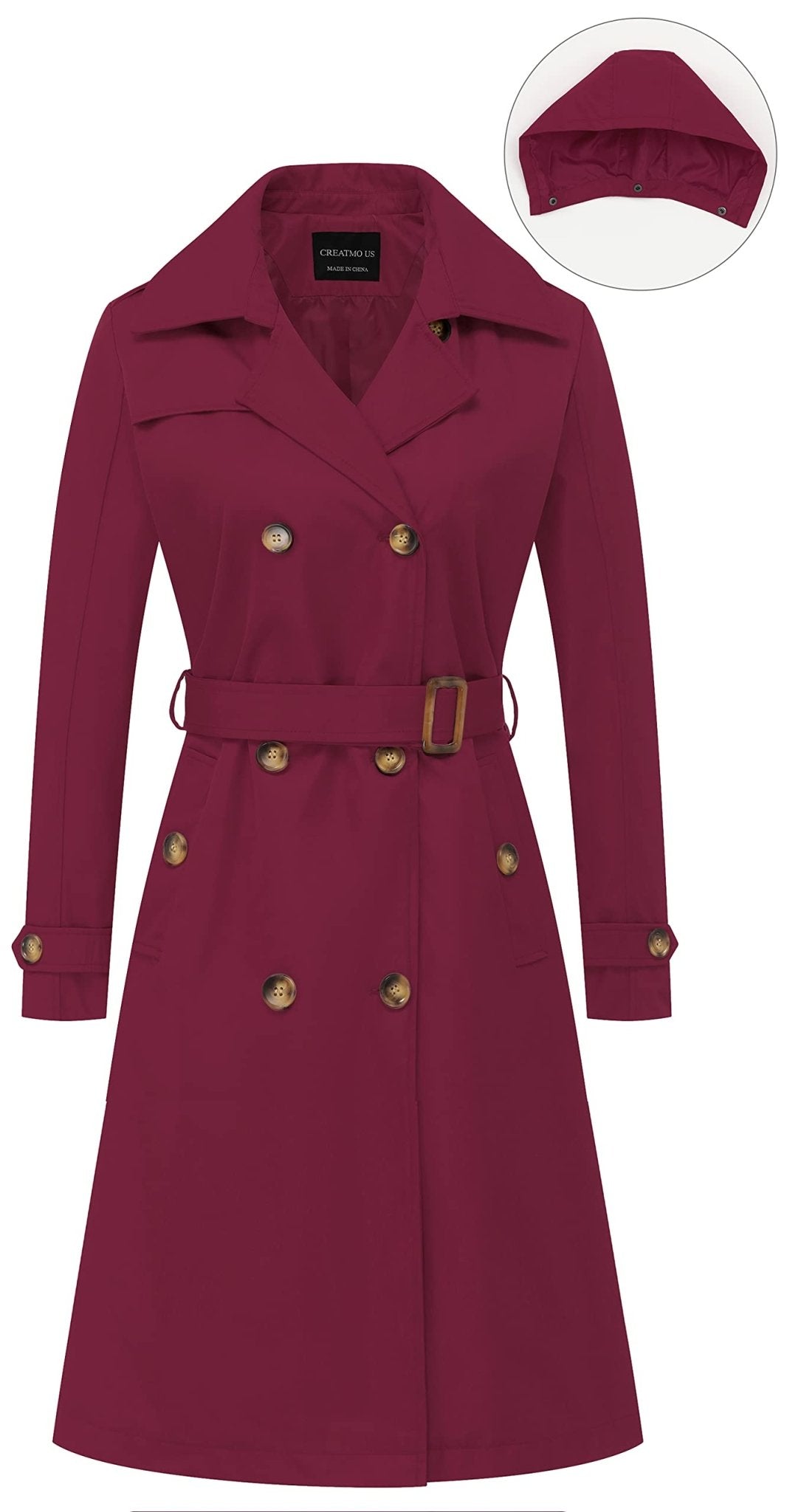 CREATMO US Women's Long Trench Coat Double - Breasted Classic Lapel Overcoat Belted Slim Outerwear Coat with Detachable Hood - Xpressa