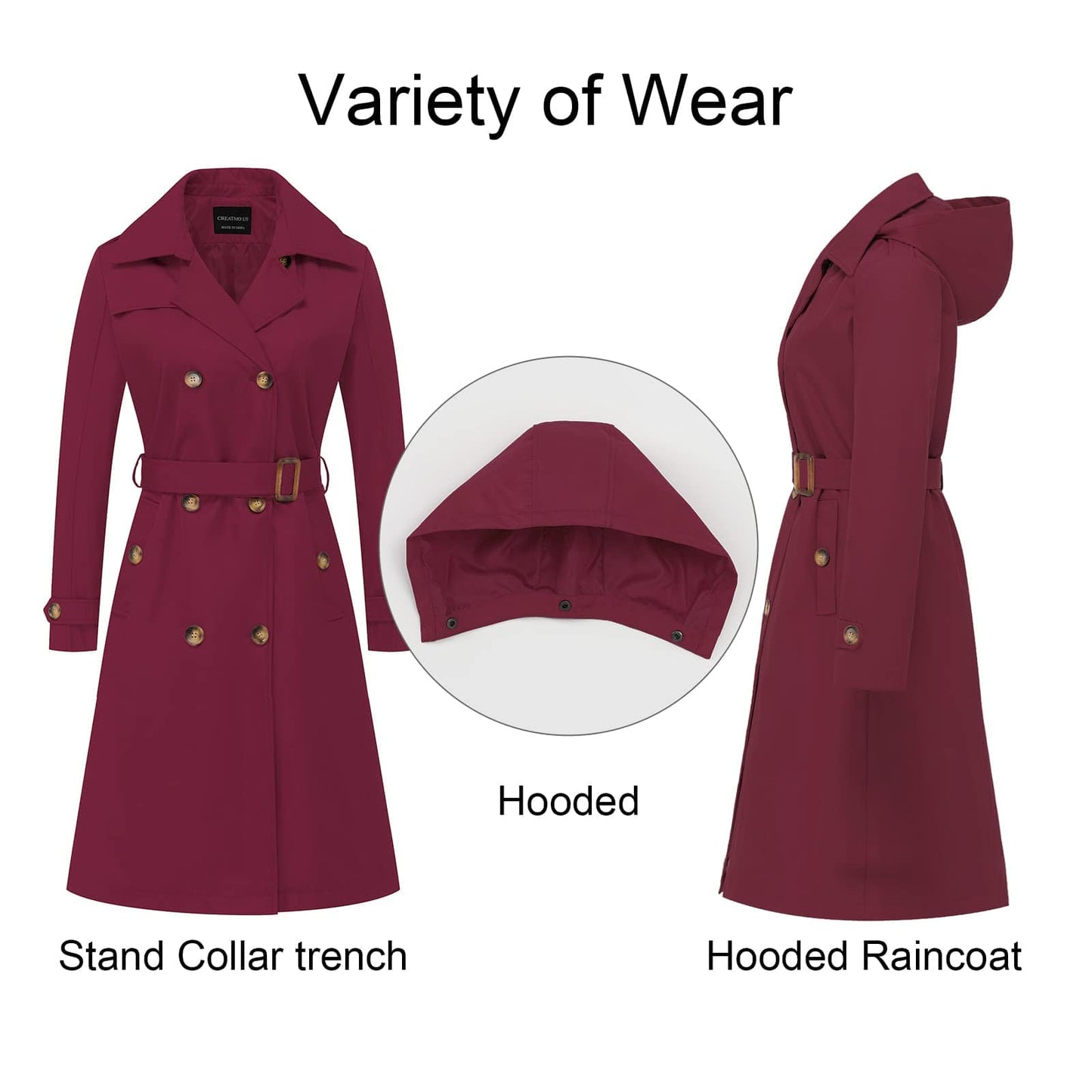 CREATMO US Women's Long Trench Coat Double - Breasted Classic Lapel Overcoat Belted Slim Outerwear Coat with Detachable Hood - Xpressa