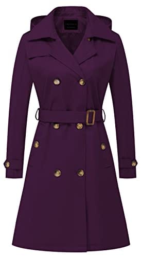 CREATMO US Women's Long Trench Coat Double - Breasted Classic Lapel Overcoat Belted Slim Outerwear Coat with Detachable Hood - Xpressa