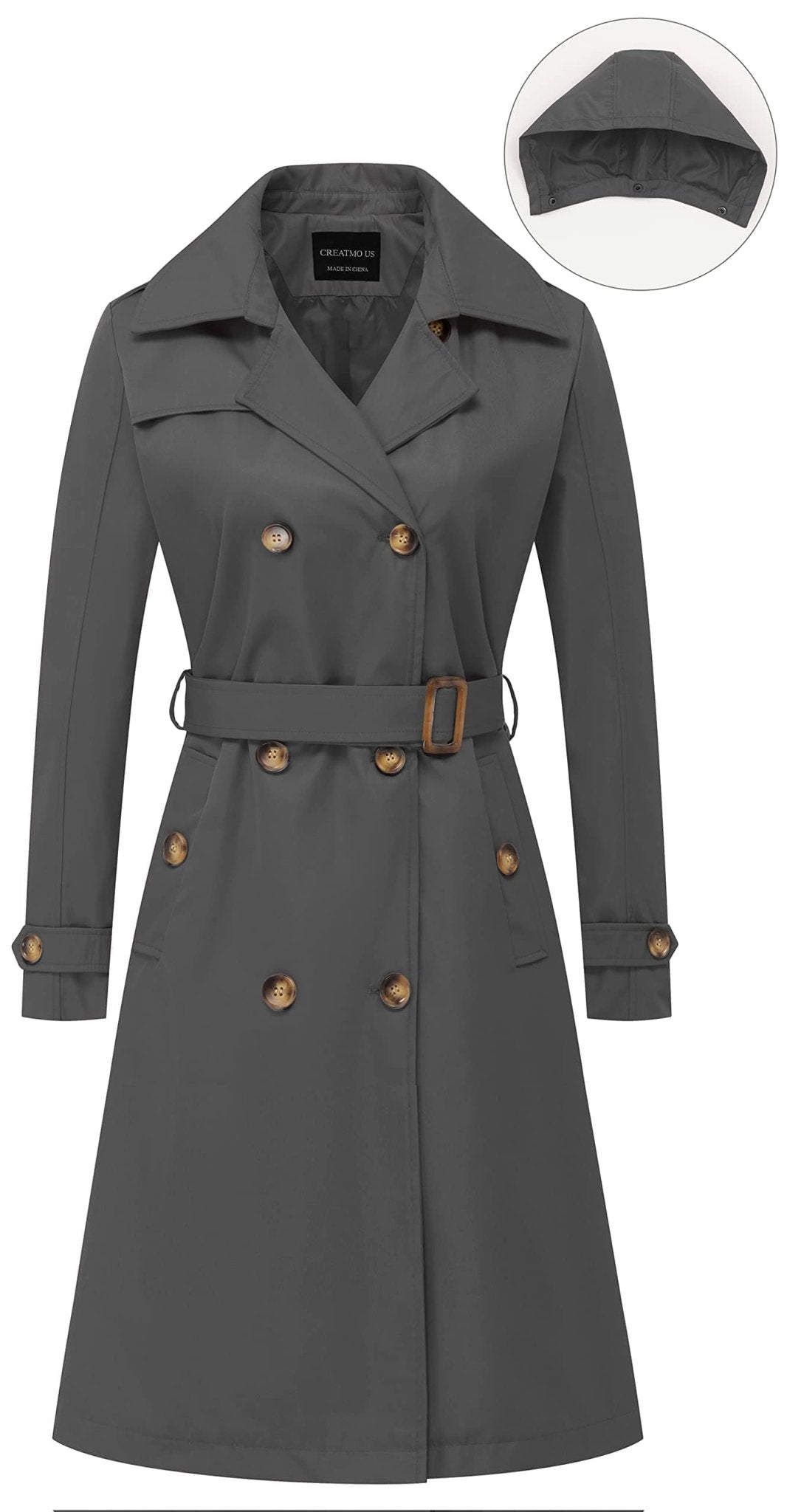 CREATMO US Women's Long Trench Coat Double - Breasted Classic Lapel Overcoat Belted Slim Outerwear Coat with Detachable Hood - Xpressa