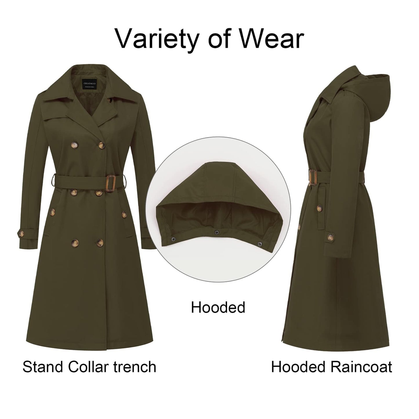 CREATMO US Women's Long Trench Coat Double - Breasted Classic Lapel Overcoat Belted Slim Outerwear Coat with Detachable Hood - Xpressa