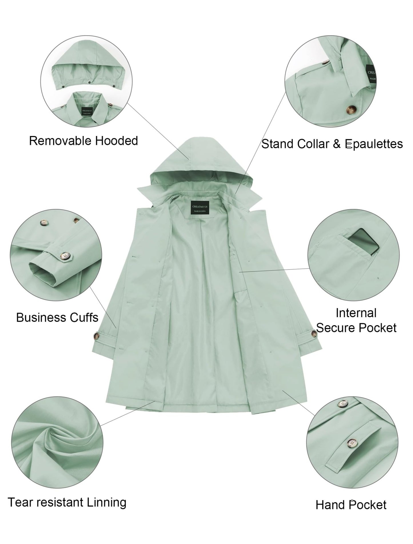 CREATMO US Women's Long Trench Coat Double - Breasted Classic Lapel Overcoat Belted Slim Outerwear Coat with Detachable Hood - Xpressa
