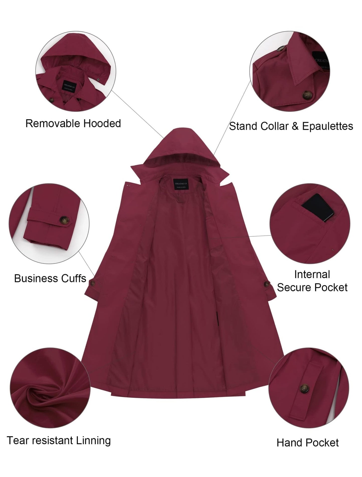 CREATMO US Women's Long Trench Coat Double - Breasted Classic Lapel Overcoat Belted Slim Outerwear Coat with Detachable Hood - Xpressa