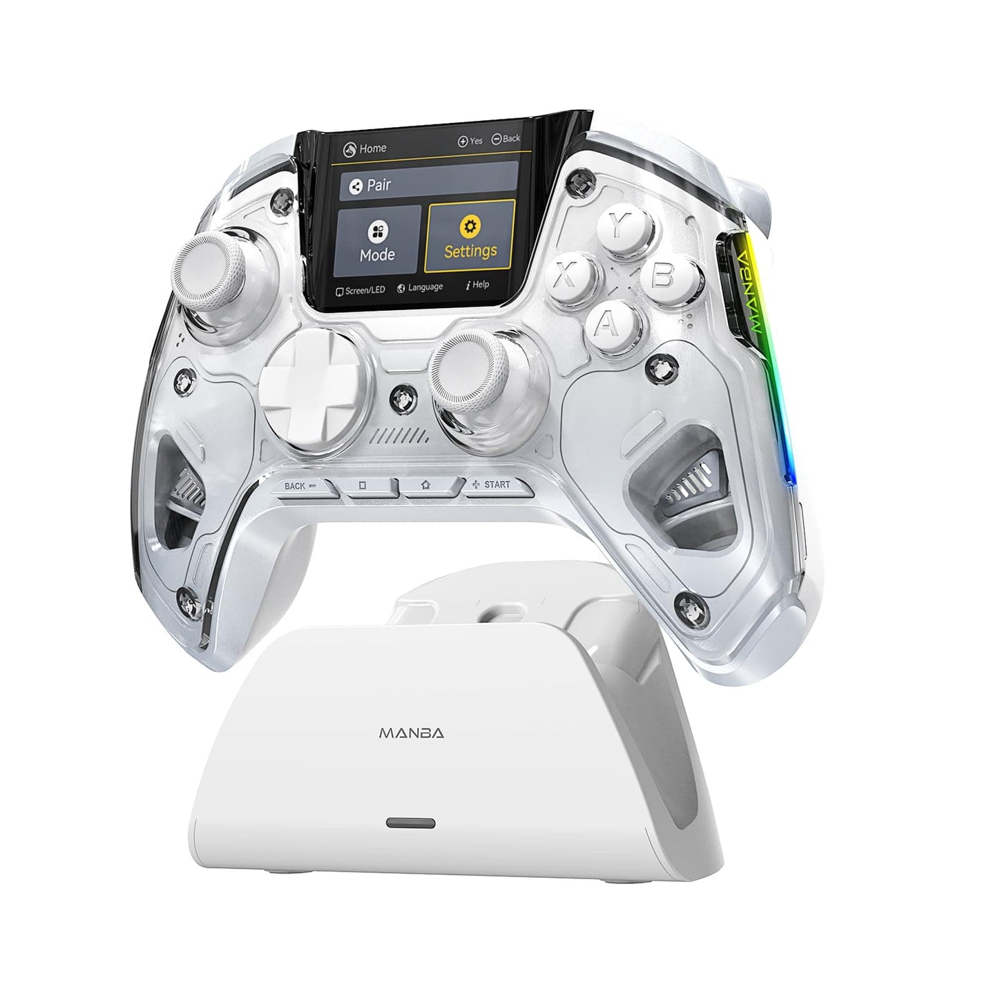 (No Drift) ManbaOne Interactive Screen Wireless Gaming Controller for Switch/PC/iOS/Android,Hall Effect Stick & Trigger,RGB Lighting,Remappable Buttons,1800mAh with Charging Dock (White) - Xpressa