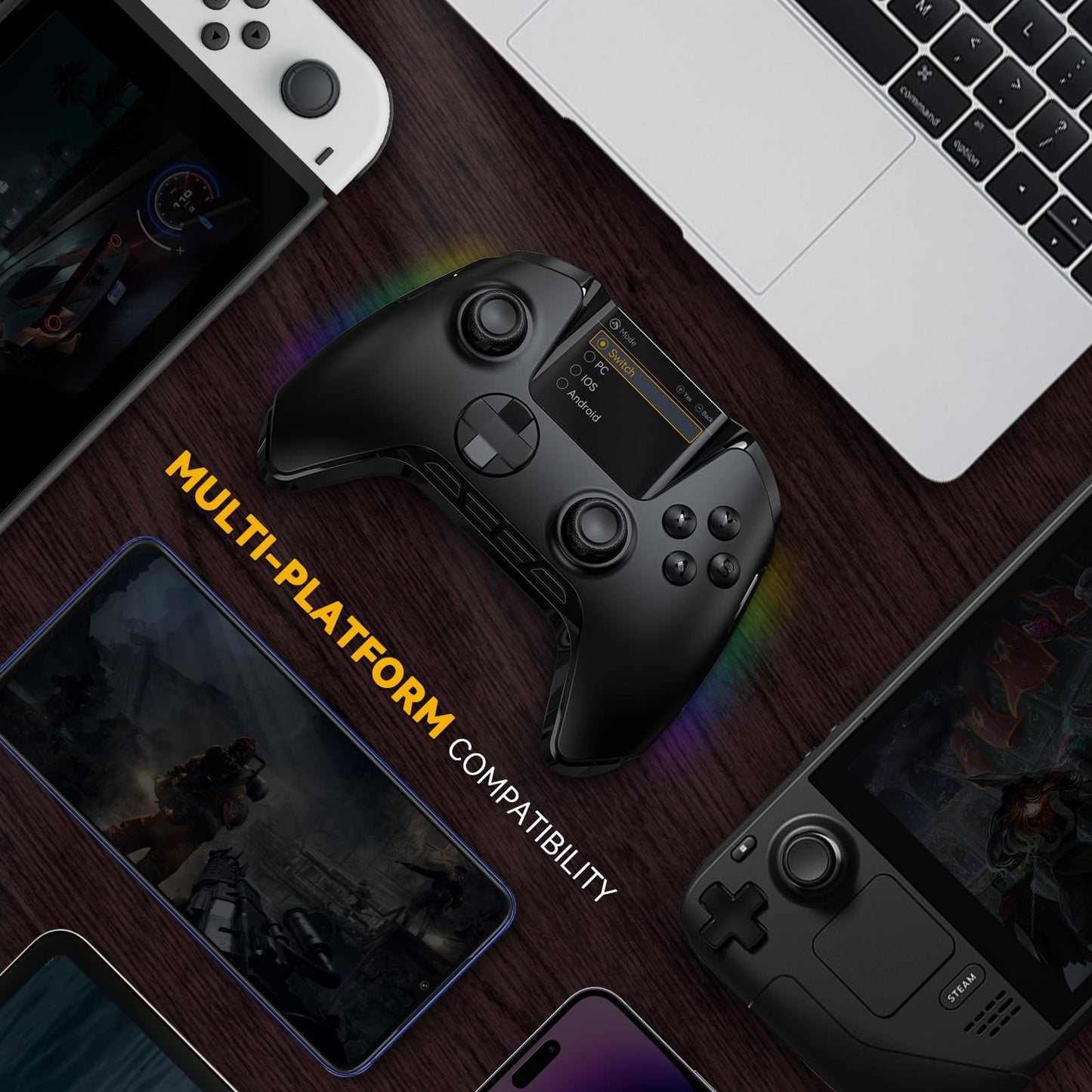 (No Drift) ManbaOne Interactive Screen Wireless Gaming Controller for Switch/PC/iOS/Android,Hall Effect Stick & Trigger,RGB Lighting,Remappable Buttons,1800mAh with Charging Dock (White) - Xpressa