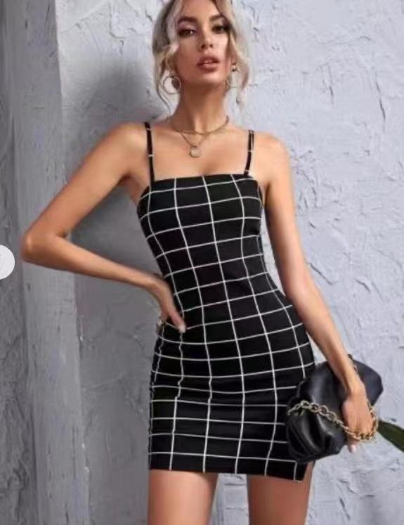 Retro Plaid Sexy Spaghetti Strap Bodycon Mini Dresses Women - Xpressa