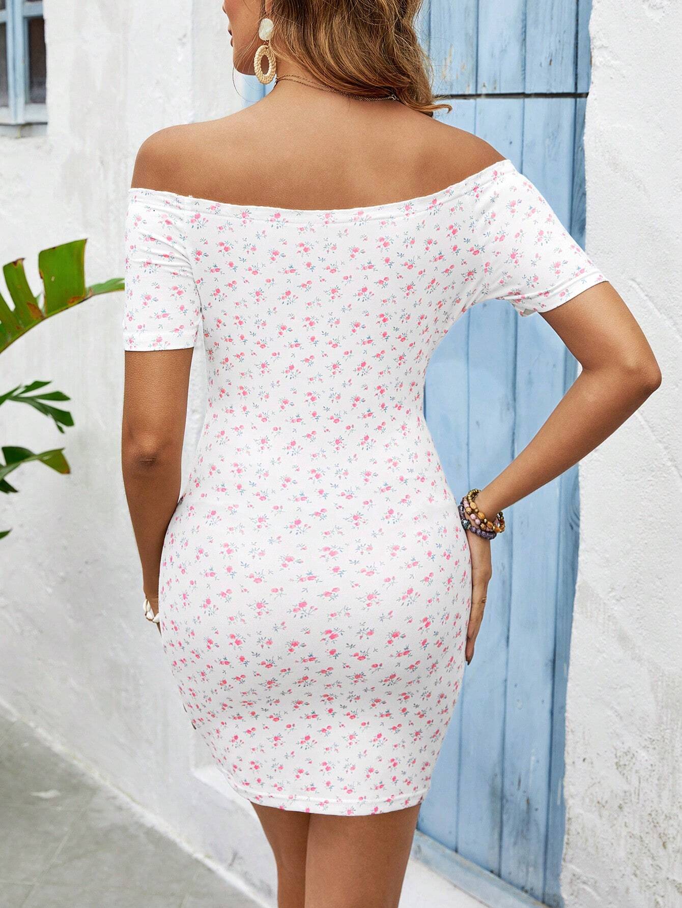 SHEIN VCAY Confetti Heart Print Off Shoulder Frill Trim Knitted Bodycon Summer Women Dress - Xpressa