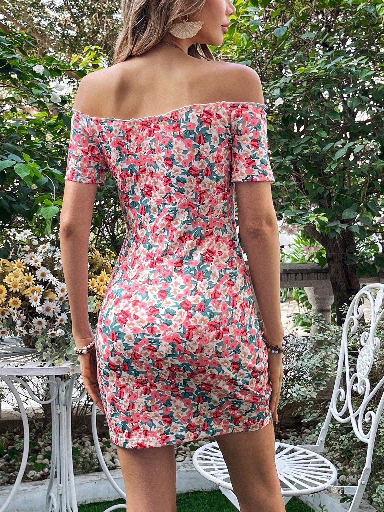 SHEIN VCAY Confetti Heart Print Off Shoulder Frill Trim Knitted Bodycon Summer Women Dress - Xpressa