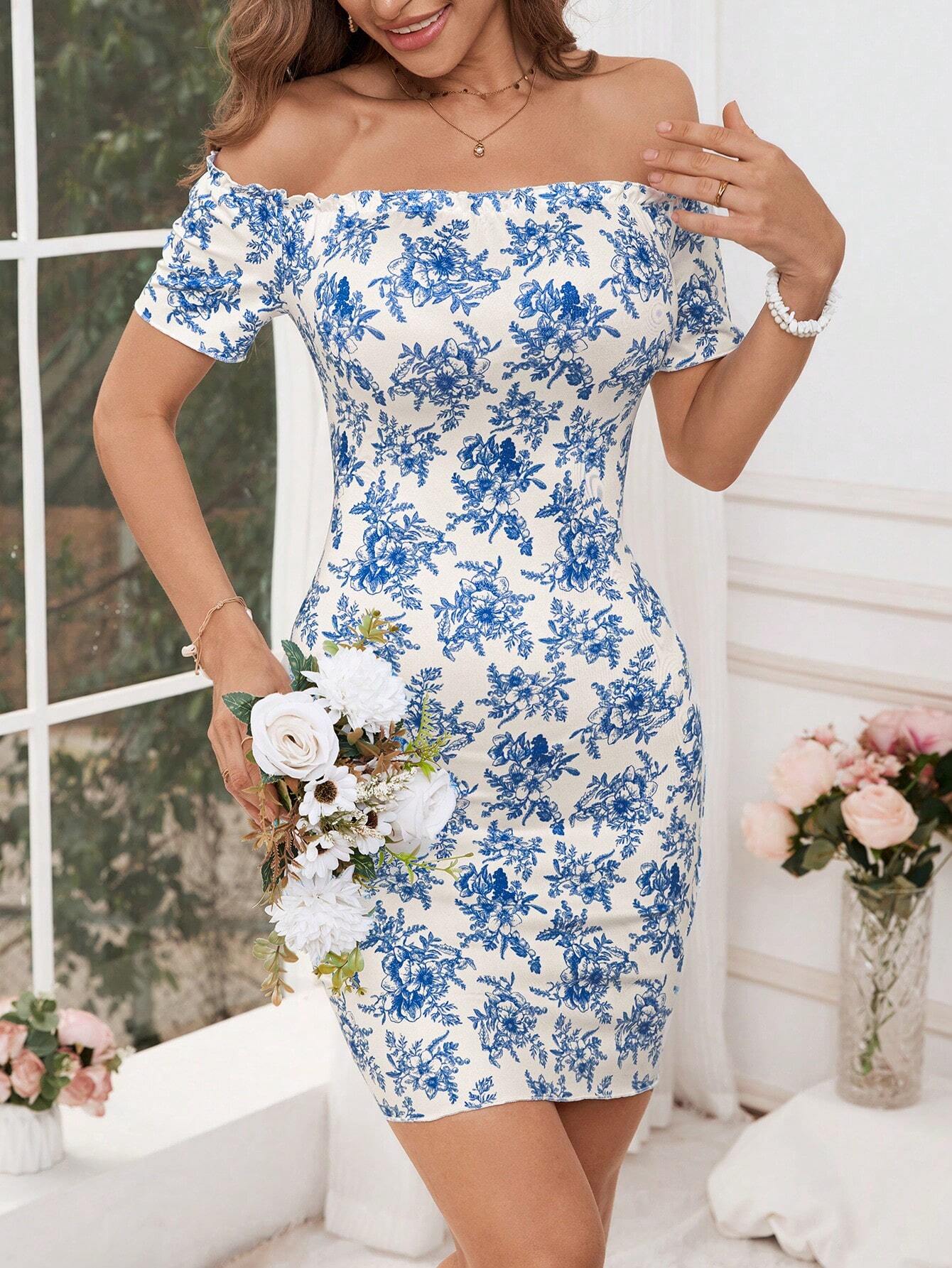SHEIN VCAY Confetti Heart Print Off Shoulder Frill Trim Knitted Bodycon Summer Women Dress - Xpressa