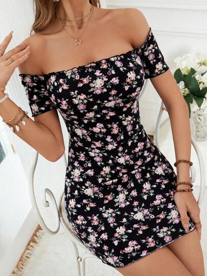 SHEIN VCAY Confetti Heart Print Off Shoulder Frill Trim Knitted Bodycon Summer Women Dress - Xpressa