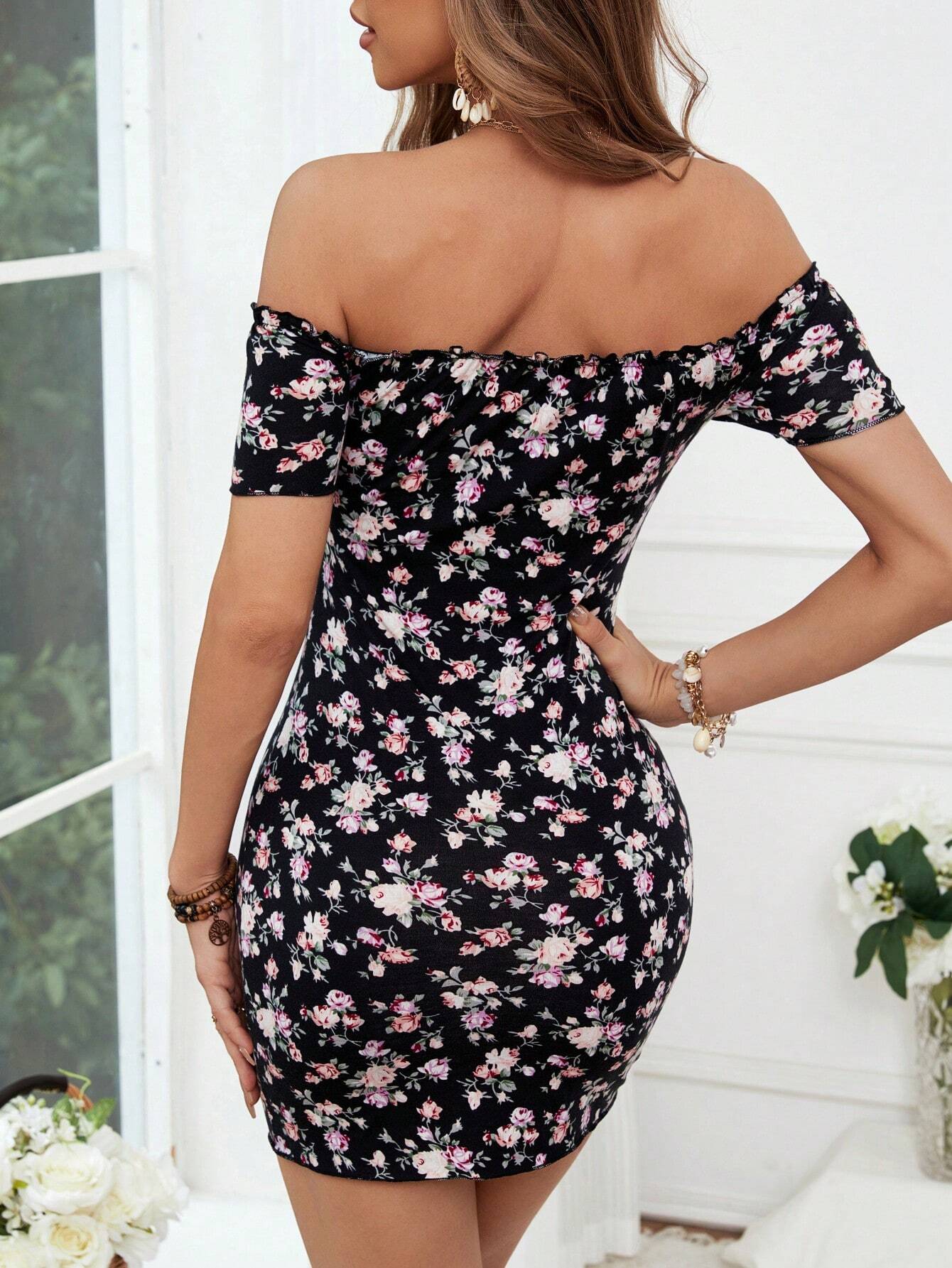 SHEIN VCAY Confetti Heart Print Off Shoulder Frill Trim Knitted Bodycon Summer Women Dress - Xpressa