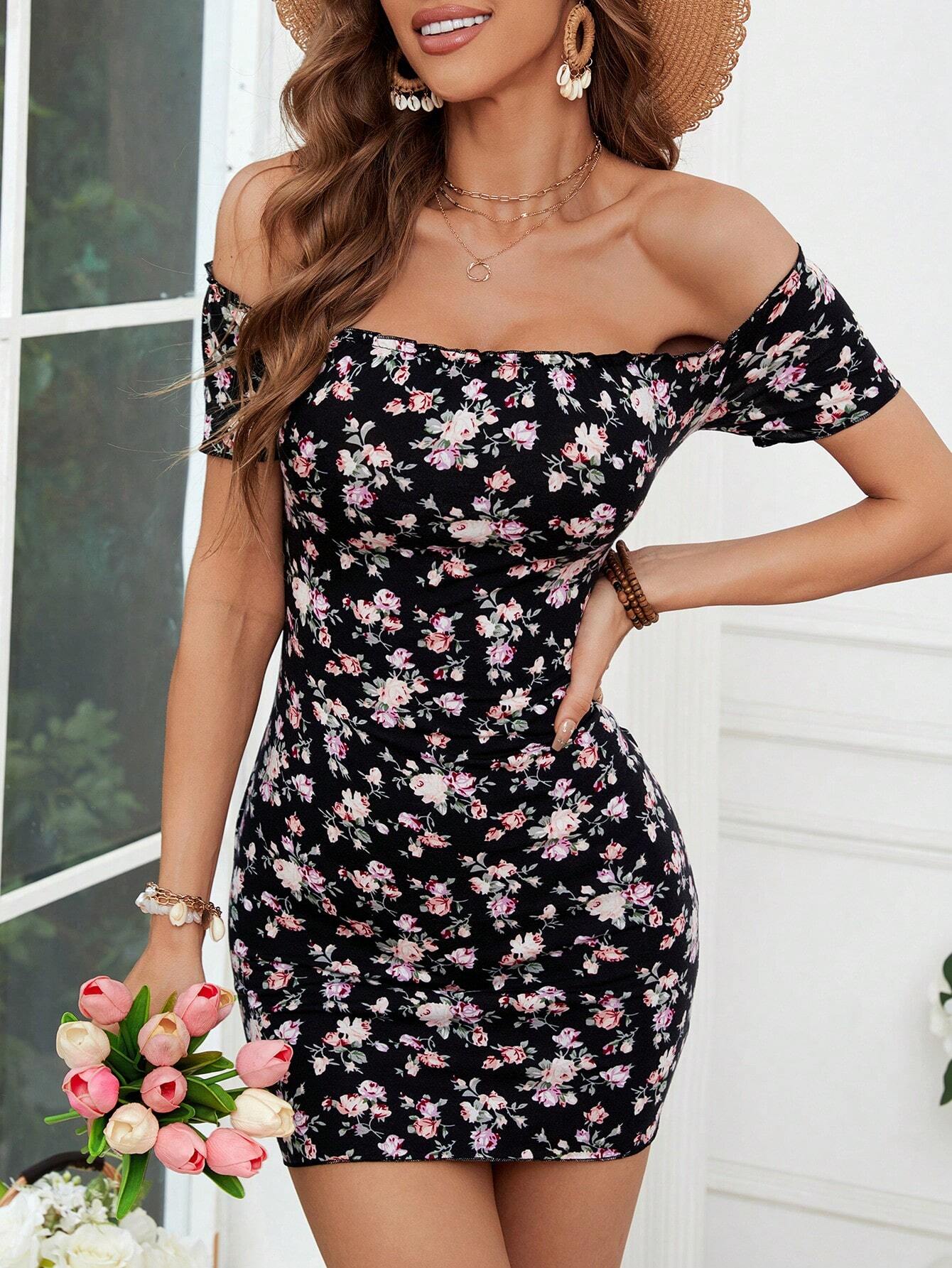 SHEIN VCAY Confetti Heart Print Off Shoulder Frill Trim Knitted Bodycon Summer Women Dress - Xpressa