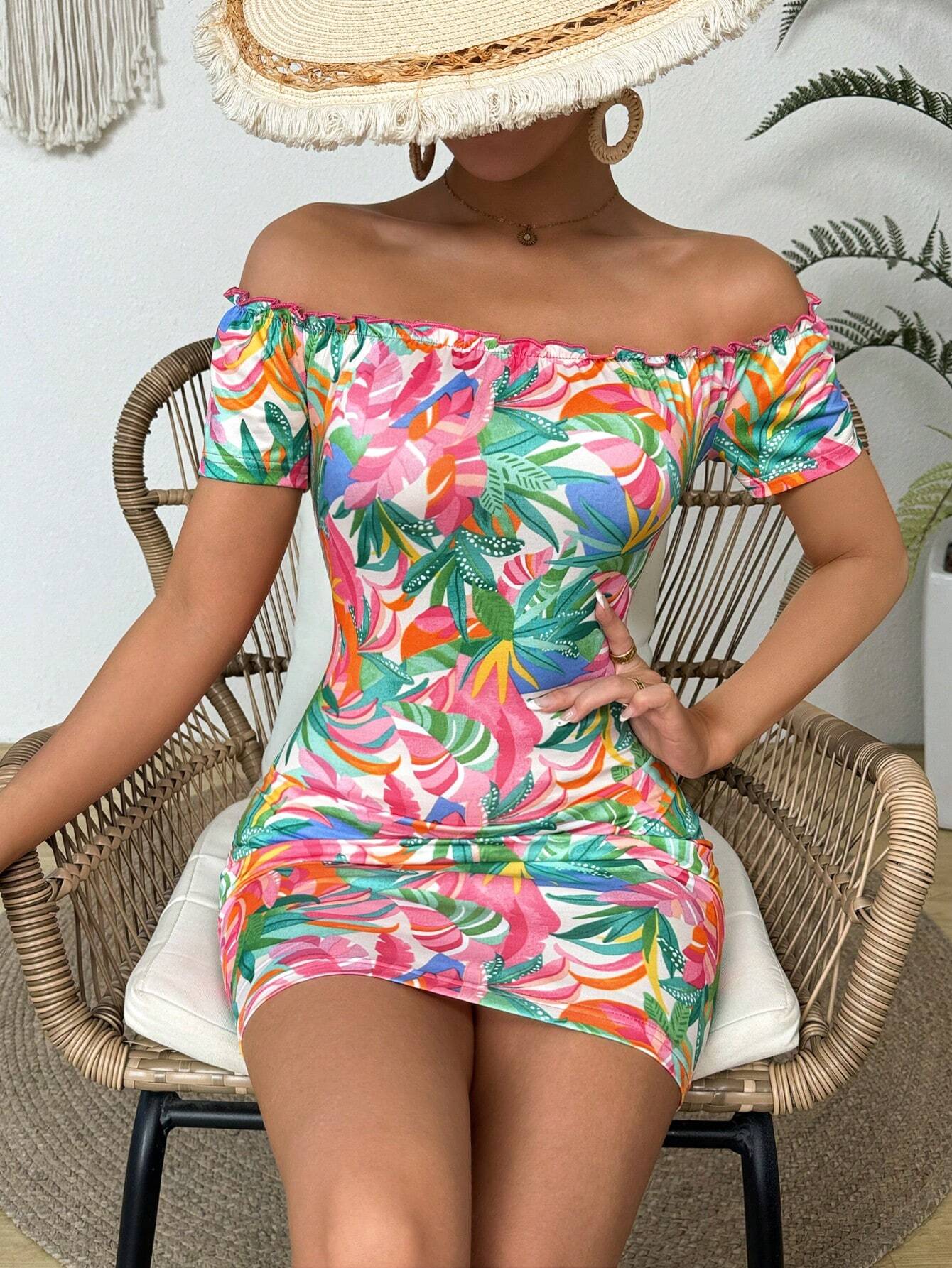 SHEIN VCAY Confetti Heart Print Off Shoulder Frill Trim Knitted Bodycon Summer Women Dress - Xpressa
