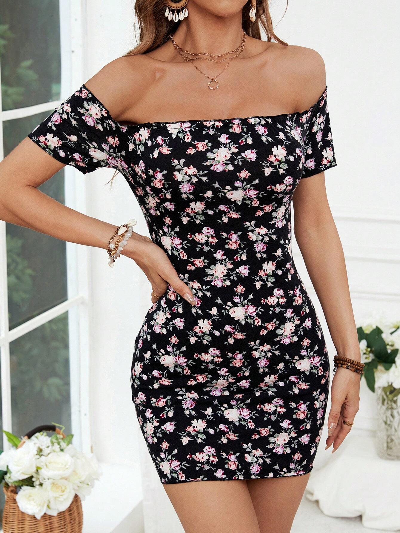 SHEIN VCAY Confetti Heart Print Off Shoulder Frill Trim Knitted Bodycon Summer Women Dress - Xpressa